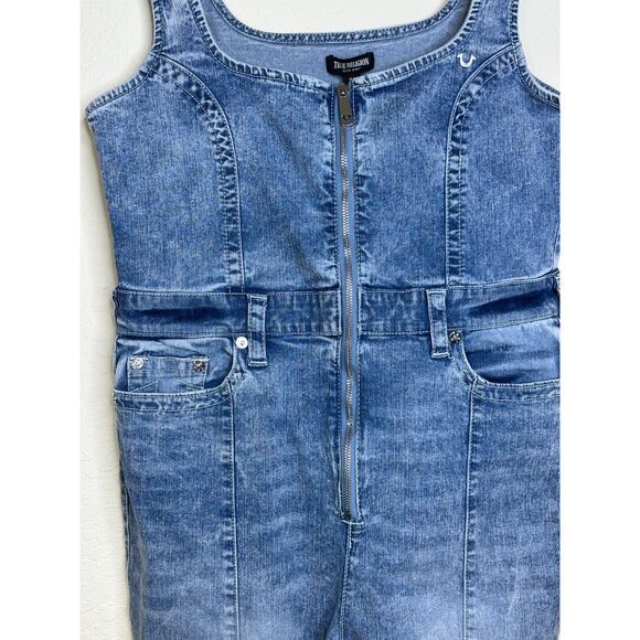 True Religion Denim Jumpsuit Womens XL Blue Front Zip Slit Distressed Overalls - Picture 6 of 14